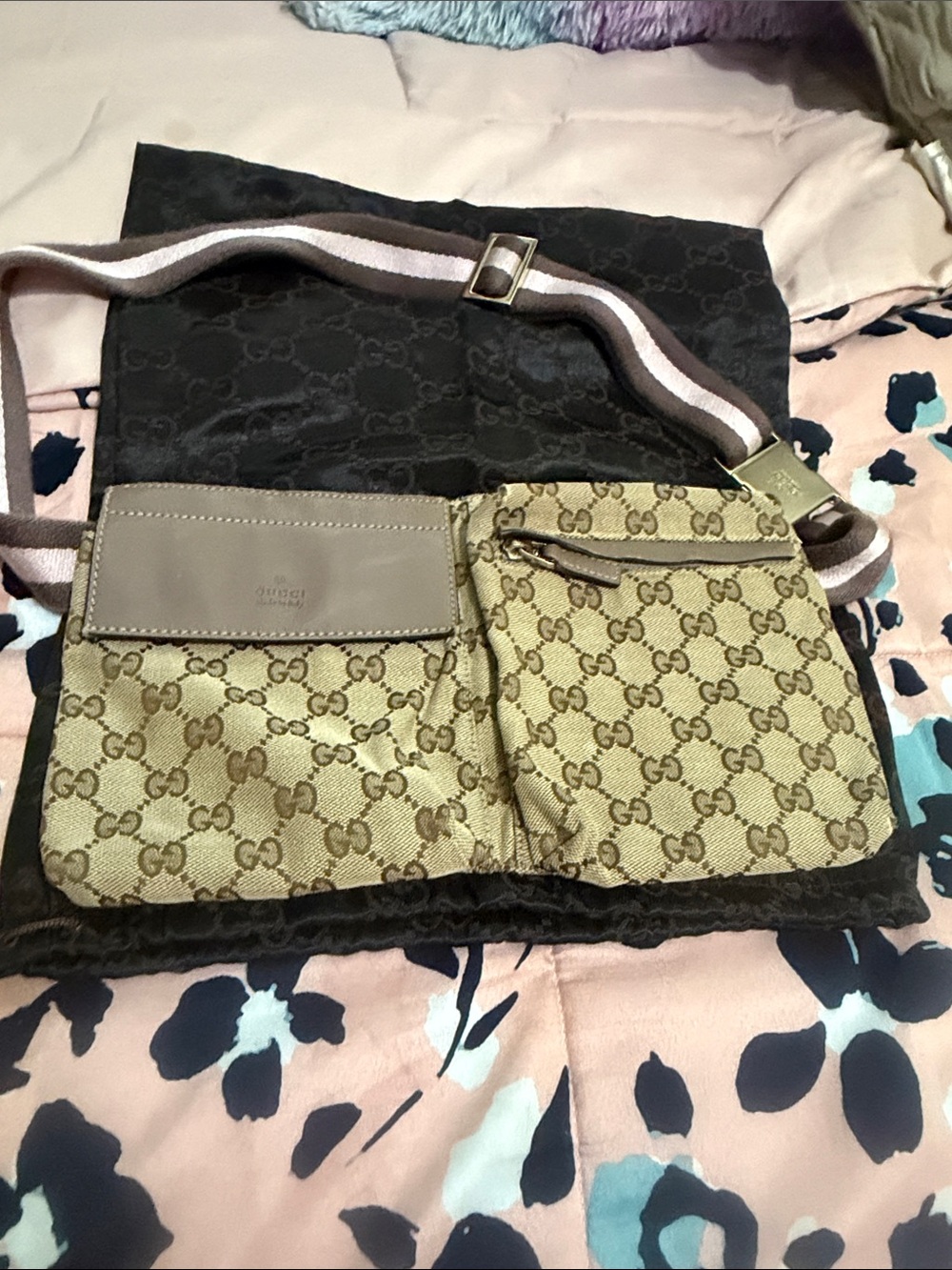 Gucci GG Beige Canvas Crossbody Belt Bag with Tan Leather Trim